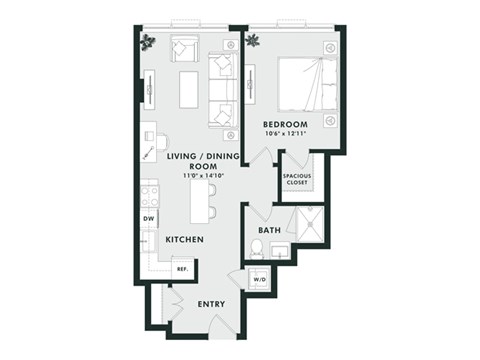 Floor plan for 1 bed, 1 bath, 696 sqft